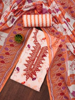 Zeepkart - Orange Cotton Embroidered Unstitched Kurta with Bottom and Dupatta (Set of 3)
