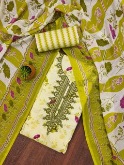 Zeepkart - Green Cotton Embroidered Unstitched Kurta with Bottom and Dupatta (Set of 3)