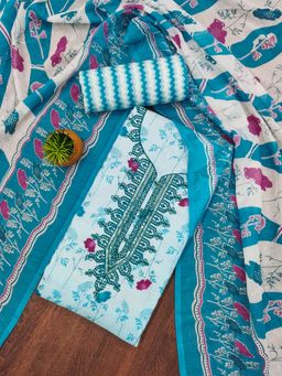 Zeepkart - Teal Cotton Embroidered Unstitched Kurta with Bottom and Dupatta (Set of 3)