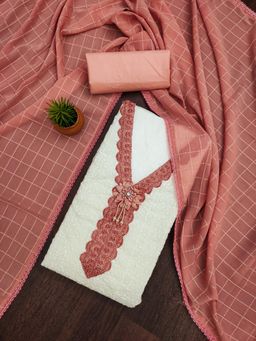 Zeepkart - Orange Cotton Embroidered Unstitched Kurta with Bottom and Dupatta (Set of 3)