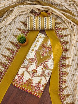 Zeepkart - Mustard Cotton Printed Unstitched Kurta with Bottom and Dupatta (Set of 3)
