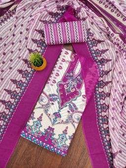 Zeepkart - Purple Cotton Printed Unstitched Kurta with Bottom and Dupatta (Set of 3)