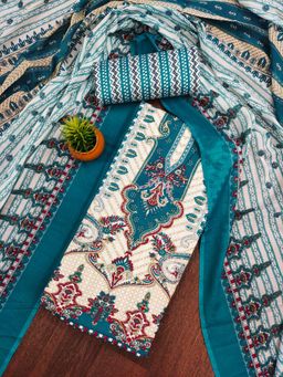 Zeepkart - Teal Cotton Printed Unstitched Kurta with Bottom and Dupatta (Set of 3)