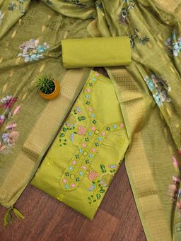 Zeepkart - Green Cotton Embroidered Unstitched Kurta with Bottom and Dupatta (Set of 3)