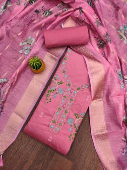 Zeepkart - Pink Cotton Embroidered Unstitched Kurta with Bottom and Dupatta (Set of 3)