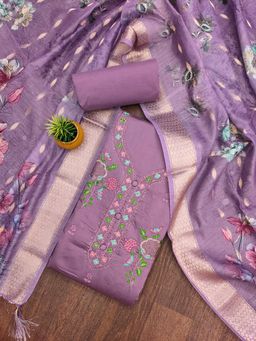 Zeepkart - Purple Cotton Embroidered Unstitched Kurta with Bottom and Dupatta (Set of 3)