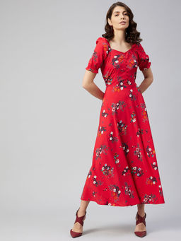 RARE - Women Casual Red Colour Maxi Floral Print Dress