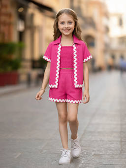 devils n angels - Girls Pink Solid/Plain Blended Co-Ord Set