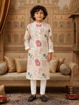 devils n angels - Boys White Printed Blended Kurta with Pyjama