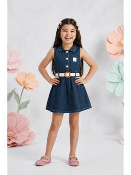 devils n angels - Girls Blue Solid/Plain Blended Dress with Belt