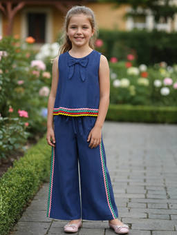 devils n angels - Girls Blue Solid/Plain Blended Co-Ord Set