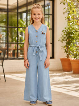 devils n angels - Girls Blue Solid/Plain Blended Jumpsuit