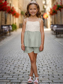 devils n angels - Girls Green Embroidered Blended Co-Ord Set