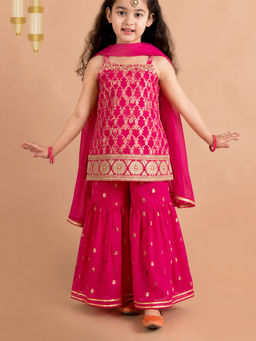 devils n angels - Girls Pink Embroidered Blended Kurta and Sharara with Dupatta