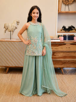 devils n angels - Girls Green Embellished Blended Kurti and Palazzo with Dupatta
