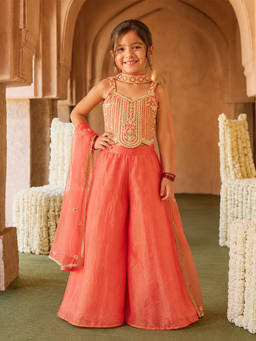 devils n angels - Girls Peach Embellished Blended Top and Palazzo with Dupatta