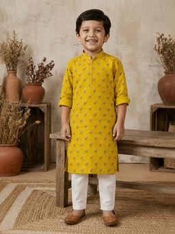devils n angels - Boys Mustard Printed Blended Kurta with Pyjama