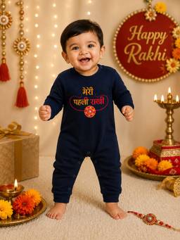 BLUSHES - Unisex Navy Blue Printed Cotton Romper
