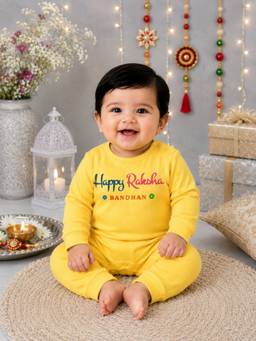 BLUSHES - Unisex Yellow Printed Cotton Romper