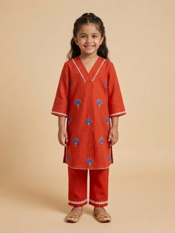 The Mom Store - Girls Rust Embroidered Cotton Kurta with Pant