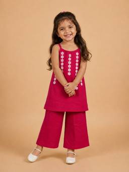 The Mom Store - Girls Pink Embroidered Cotton Co-Ord Set