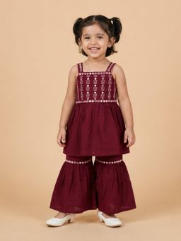 The Mom Store - Girls Wine Embroidered Cotton Kurta with Sharara