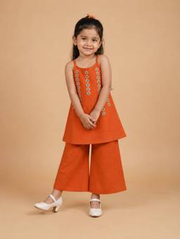 The Mom Store - Girls Rust Embroidered Cotton Co-Ord Set