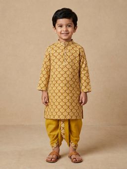 The Mom Store - Boys Yellow Printed Cotton Kurta with Dhoti