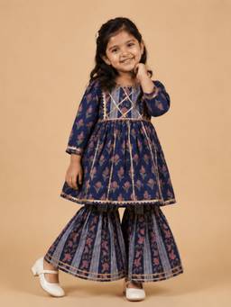 The Mom Store - Girls Indigo Printed Cotton Kurta with Sharara