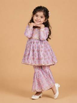 The Mom Store - Girls Ivory Printed Cotton Kurta with Sharara