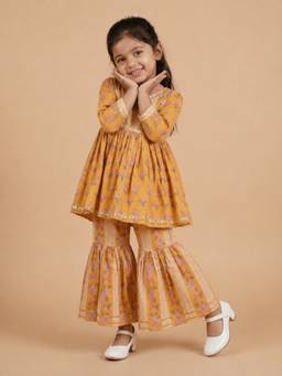 The Mom Store - Girls Mustard Printed Cotton Kurta with Sharara