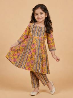 The Mom Store - Girls Mustard Floral Cotton Anarkali Kurta with Pant
