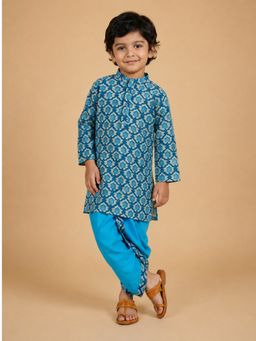 The Mom Store - Boys Blue Printed Cotton Kurta with Dhoti