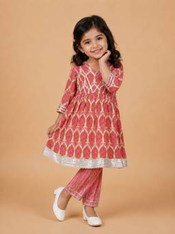 The Mom Store - Girls Red Printed Cotton Anarkali Kurta with Pant