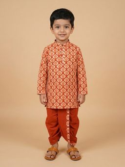 The Mom Store - Boys Orange Printed Cotton Kurta with Dhoti