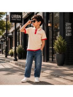 Purple United Kids - Boys Multi-Color Solid/Plain Cotton Jeans with Polo T-Shirt