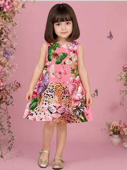 Pink Cow - Girls Pink Printed Satin Dress
