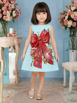 Pink Cow - Girls Blue Printed Satin Dress