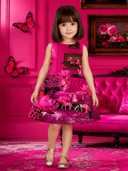 Pink Cow - Girls Pink Printed Satin Dress