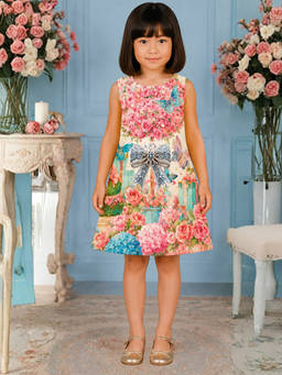 Pink Cow - Girls Pink Printed Satin Dress