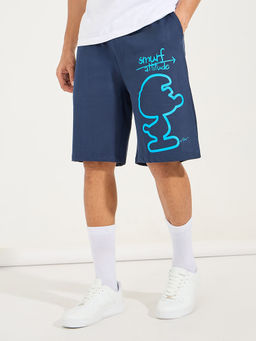 Styli - Men Navy Blue Smurfs Graphic Print Oversized Terry Shorts
