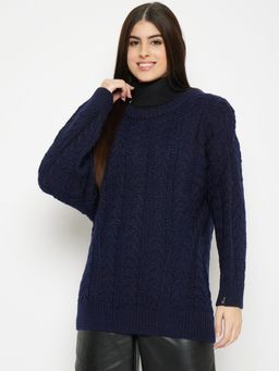 Creative Line - Navy Blue Self Design Knitted Casual Top