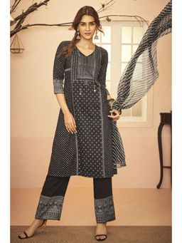 Rangriti - Black Viscose Printed Kurta, Palazzo With Dupatta (Set of 3)