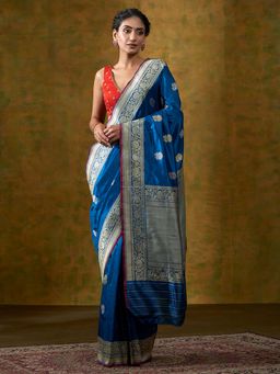 WeaverStory - Copper Sulphate Blue Banarasi Handloom Saree With Unstitched Blouse