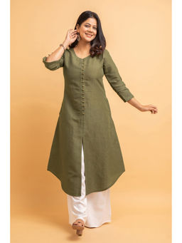 Suti - Women Cotton Solid A-line Kurta - Military Olive