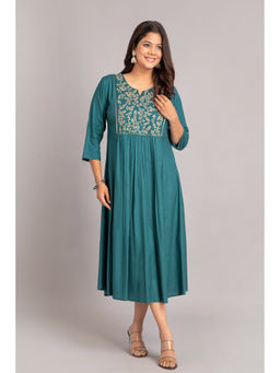 Suti - Women Rayon Embroidered Flared Dress - Dragon Fly