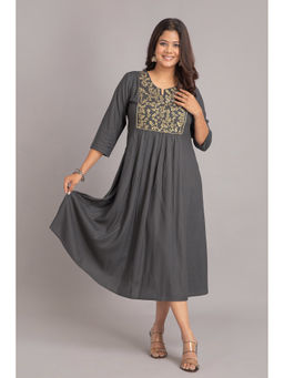 Suti - Women Rayon Embroidered Flared Dress - Grey