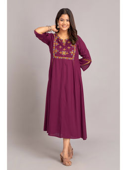 Suti - Women Rayon Embroidered A-line Dress - Wine