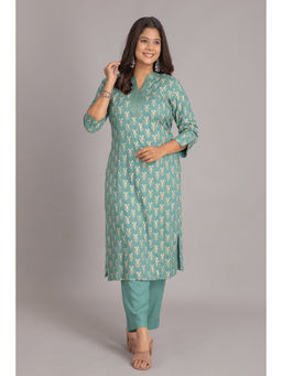 Suti - Women Rayon Gold Print Kurta And Pant - Blue (Set of 2)