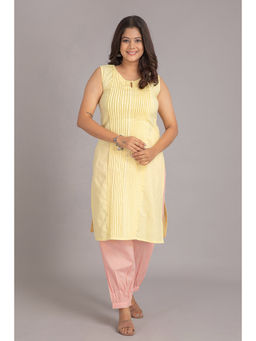 Suti - Women Cotton Linen Sleeveless Straight Kurta And Pant - Yellow (Set of 2)